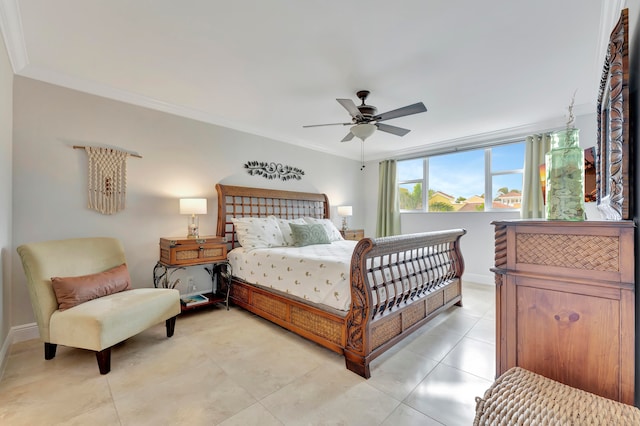 tiled bedroom featuring ceiling fan and crown molding