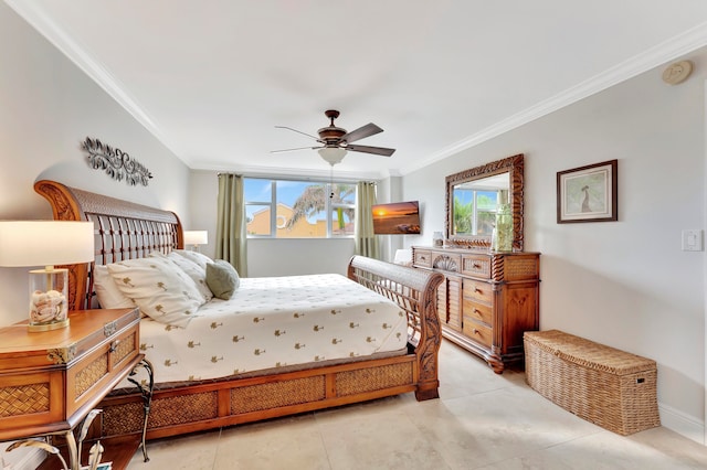 bedroom featuring ornamental molding and ceiling fan