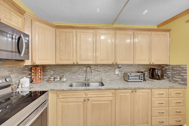 kitchen featuring a toaster, appliances with stainless steel finishes, light stone counters, light brown cabinets, and a sink