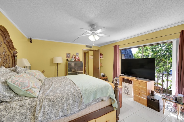 bedroom featuring light tile patterned floors, visible vents, a ceiling fan, a textured ceiling, and crown molding