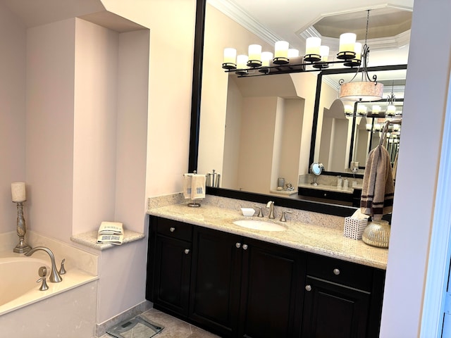 bathroom featuring a chandelier, a tray ceiling, crown molding, a tub, and vanity