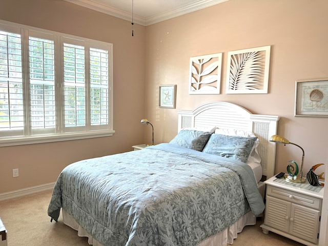 carpeted bedroom featuring ornamental molding