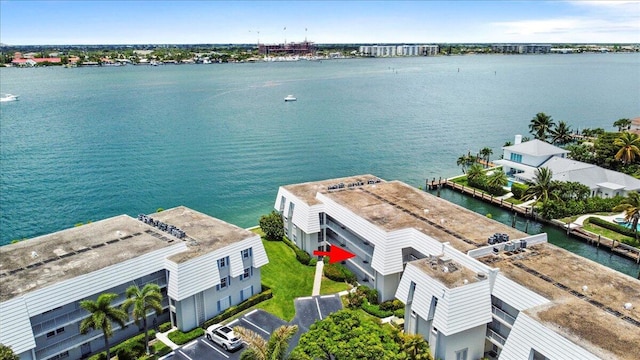 drone / aerial view with a water view