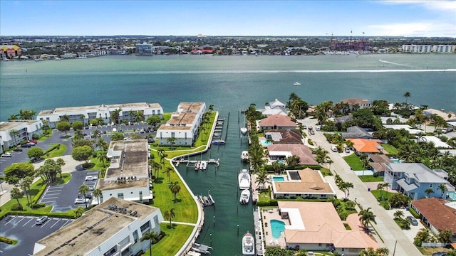 aerial view featuring a water view