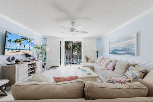 living room with tile floors, a textured ceiling, crown molding, and ceiling fan