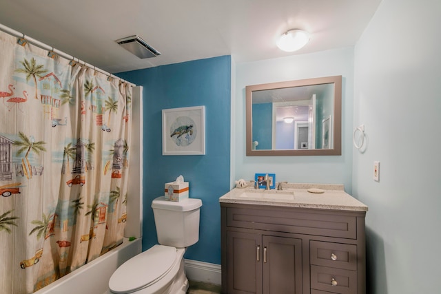 full bathroom featuring shower / bathtub combination with curtain, toilet, and vanity