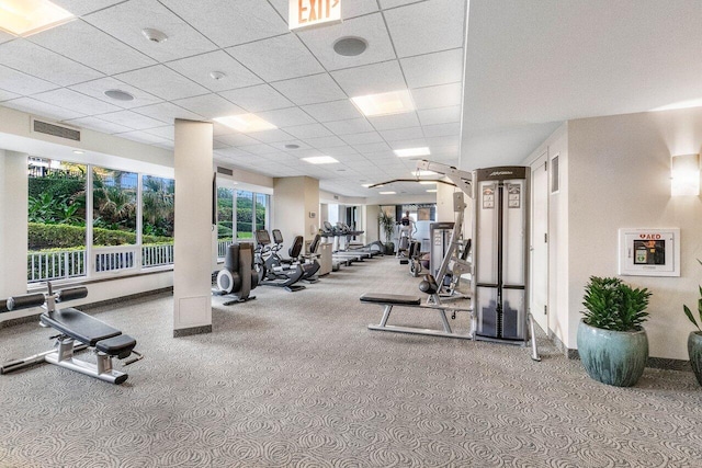 exercise room with carpet and a paneled ceiling