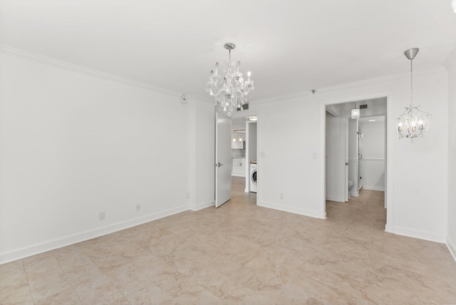 unfurnished room with a notable chandelier, crown molding, washer / dryer, and light tile floors