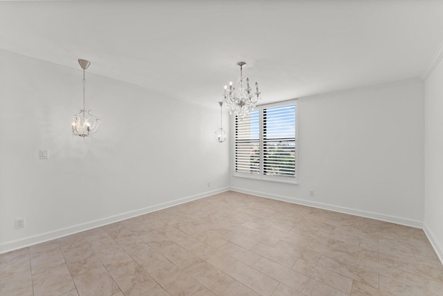 empty room featuring an inviting chandelier and light tile floors