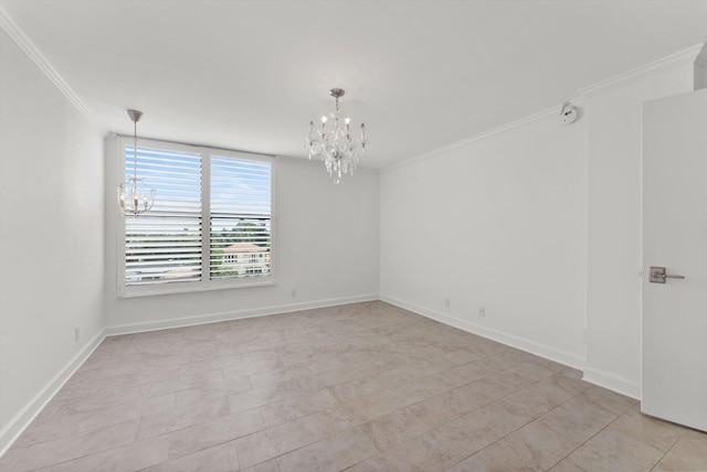 tiled spare room with a notable chandelier and ornamental molding