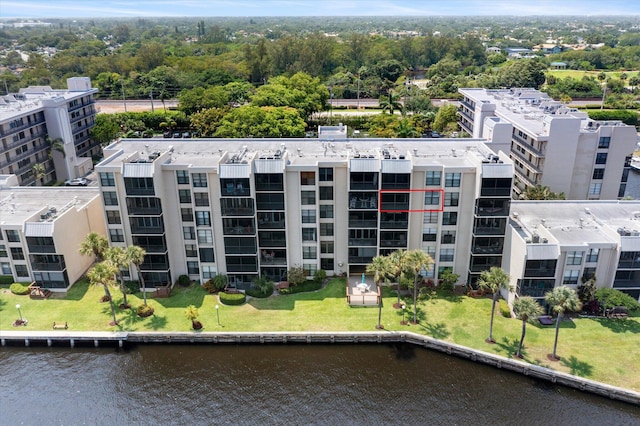 drone / aerial view featuring a water view