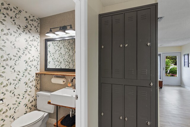 bathroom with sink, hardwood / wood-style floors, and toilet