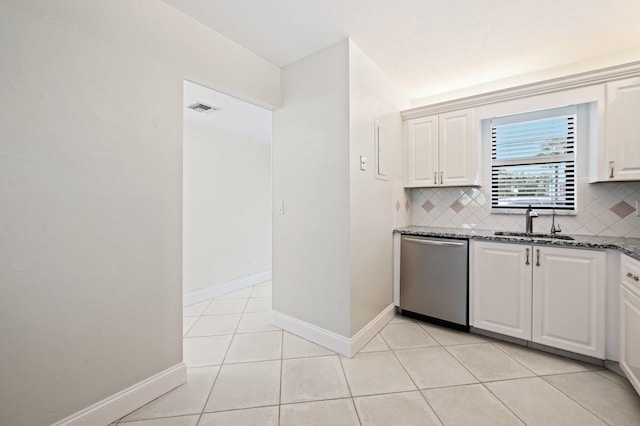 kitchen with sink, tasteful backsplash, white cabinetry, dark stone countertops, and stainless steel dishwasher