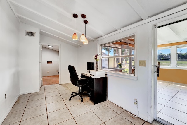 office with light tile patterned floors and lofted ceiling with beams