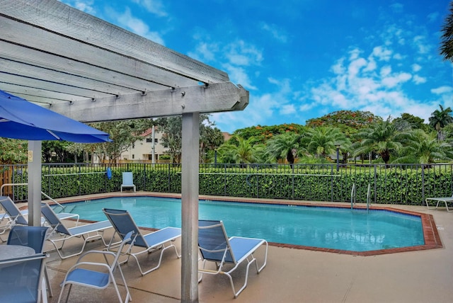 view of swimming pool featuring a patio area and a pergola