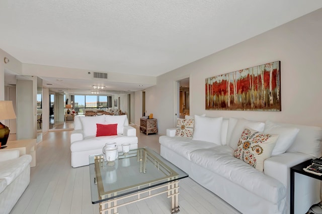 living room featuring hardwood / wood-style flooring and a textured ceiling