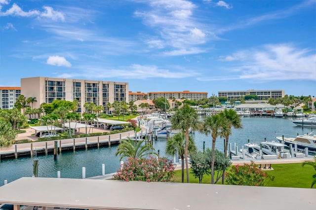 view of water feature with a boat dock