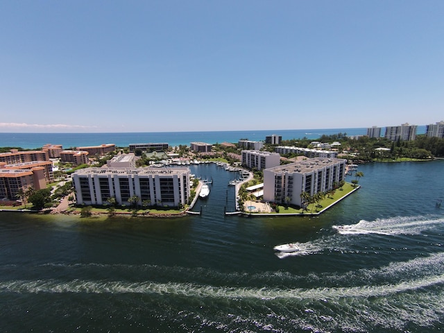 bird's eye view with a water view