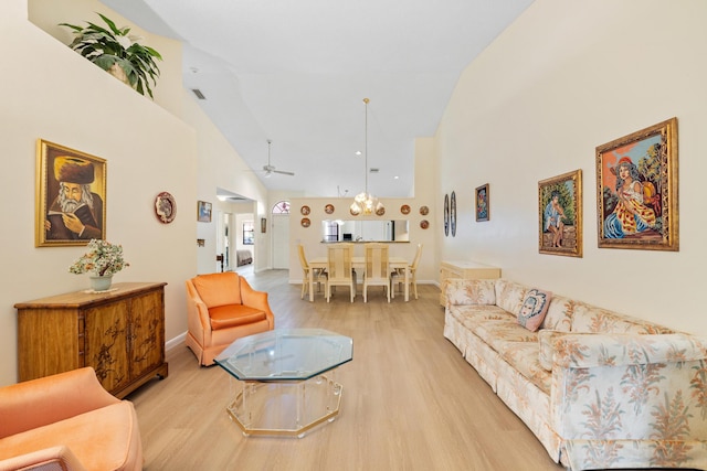 7825 Lexington Club Blvd Unit B, Delray Beach, FL 33446 - living room featuring light wood finished floors, high vaulted ceiling, baseboards, and a ceiling fan