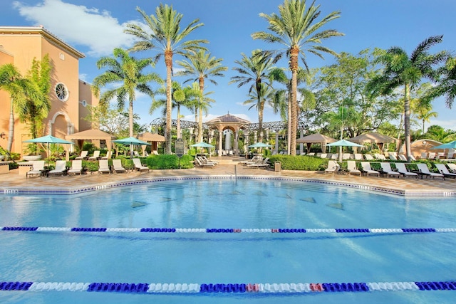 view of pool featuring a gazebo and a patio