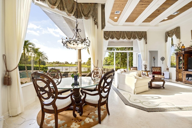 dining room featuring an inviting chandelier and wood ceiling