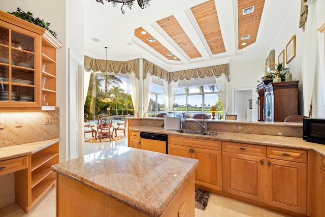 kitchen with sink, dishwashing machine, a kitchen island, light stone counters, and wood ceiling