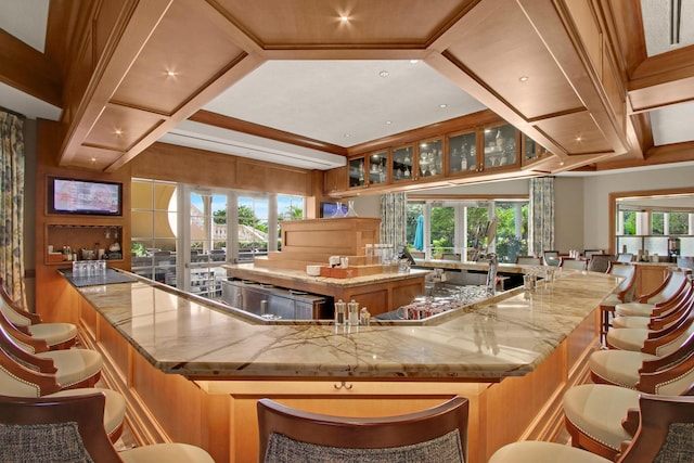 bar featuring light stone counters and a wealth of natural light