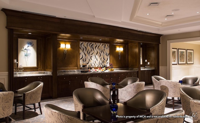 bar with a raised ceiling and dark brown cabinets