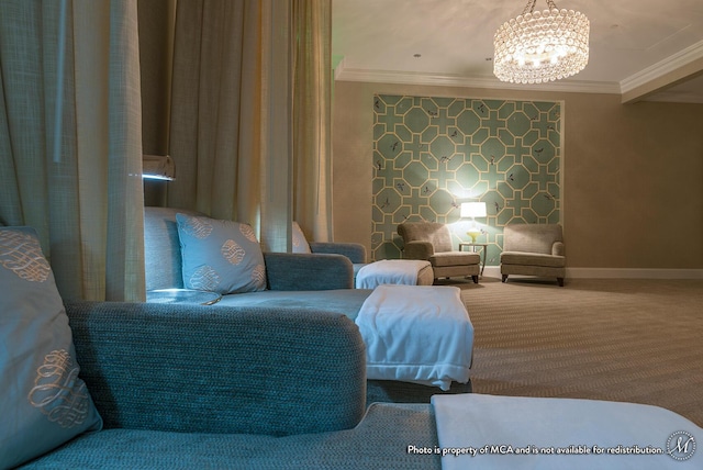 living area with carpet flooring, ornamental molding, and a chandelier