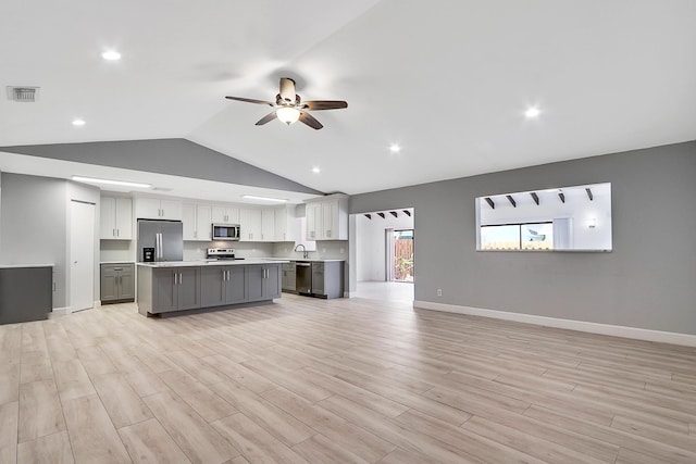 kitchen featuring stainless steel appliances, ceiling fan, gray cabinets, a kitchen island, and sink