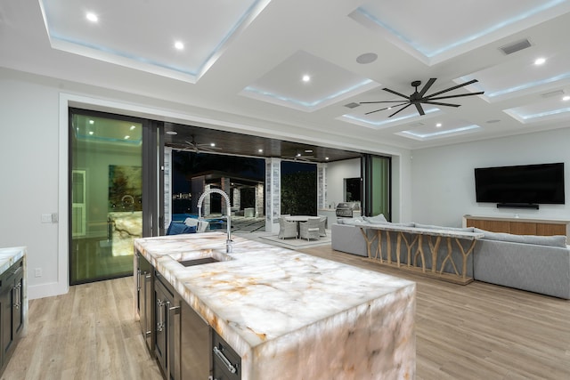 living room with light wood-type flooring, a raised ceiling, and ceiling fan