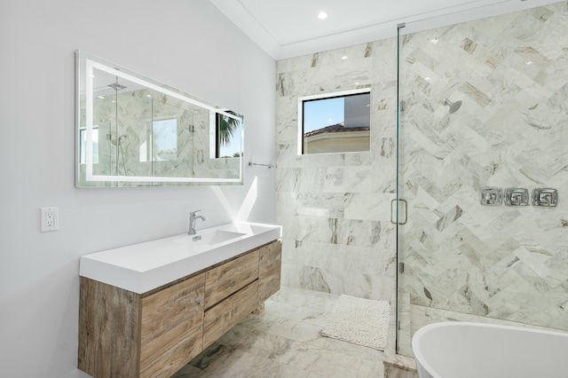 bathroom featuring vanity, crown molding, plus walk in shower, and an inviting chandelier