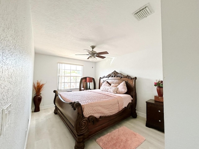 bedroom featuring a textured ceiling and ceiling fan