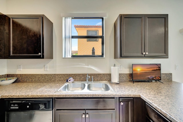 kitchen featuring stainless steel dishwasher, dark brown cabinets, and sink