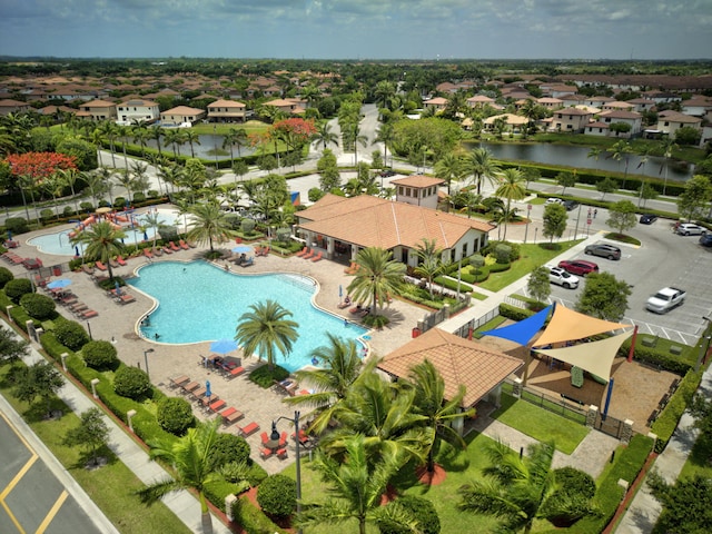 aerial view featuring a water view