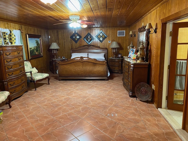 bedroom with wooden walls, ceiling fan, and wooden ceiling