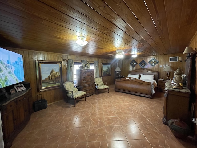 bedroom with wooden walls, ceiling fan, and wood ceiling