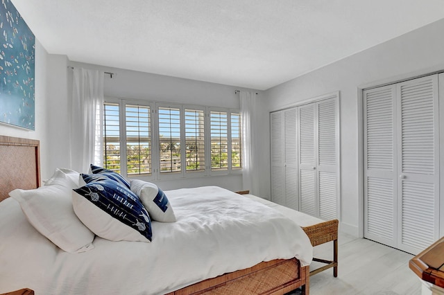 bedroom featuring light wood-type flooring and two closets