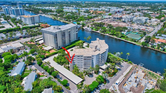 drone / aerial view featuring a water view