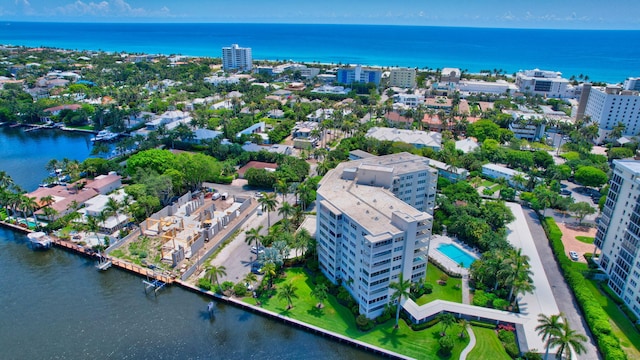 drone / aerial view with a water view