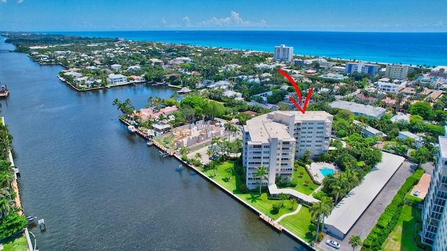 aerial view featuring a water view