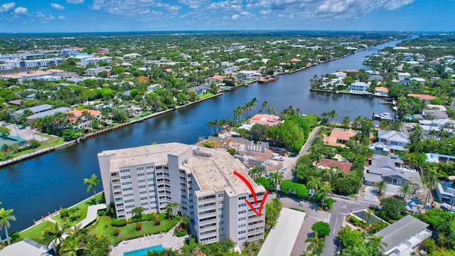 aerial view featuring a water view