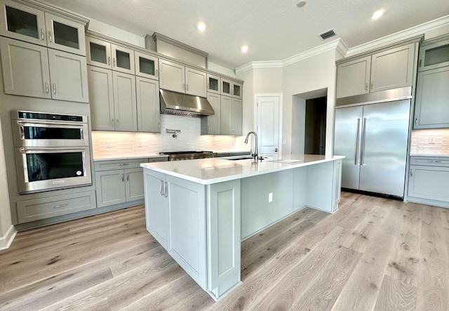 kitchen featuring stainless steel appliances, light countertops, visible vents, light wood-style floors, and under cabinet range hood