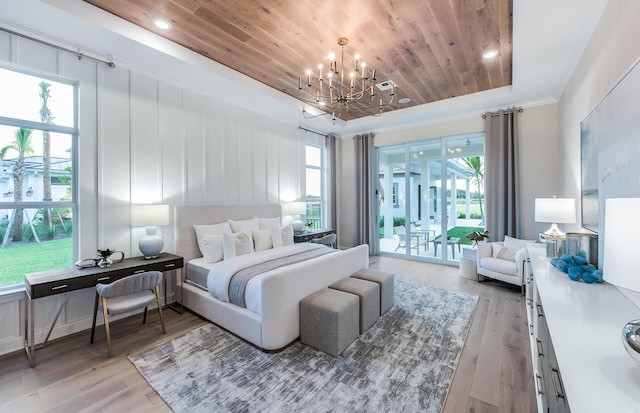 bedroom with access to exterior, crown molding, a raised ceiling, light wood-style floors, and wooden ceiling