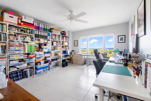 tiled office with ceiling fan