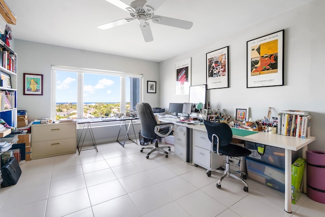 tiled home office with ceiling fan