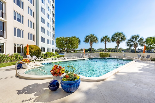 view of swimming pool featuring a patio area