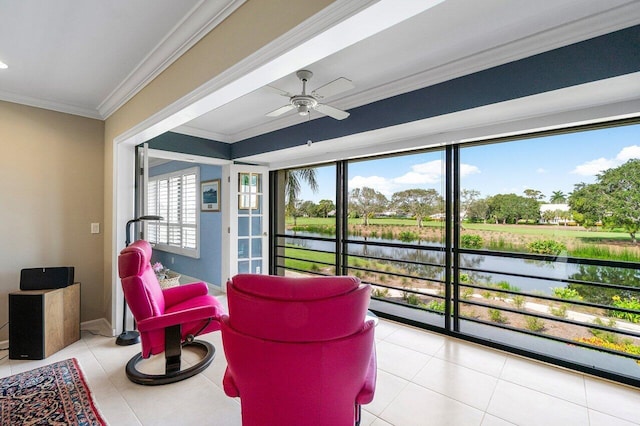 10695 Quail Covey Rd Azalea, Unit Azalea, Boynton Beach, FL 33436 - sunroom / solarium featuring a water view, crown molding, tile patterned flooring, and baseboards