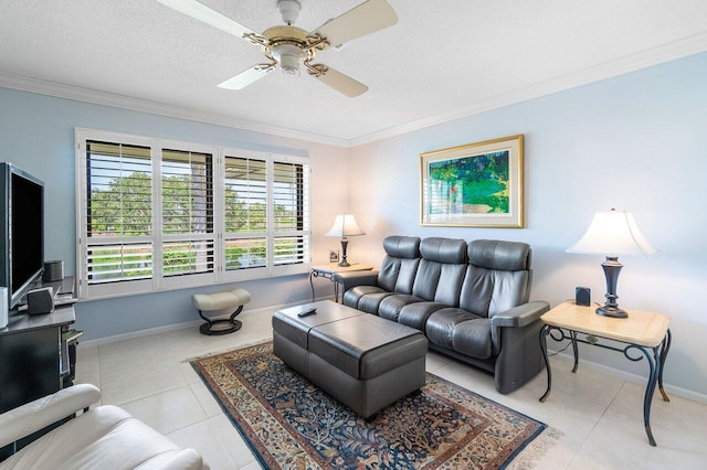 10695 Quail Covey Rd Azalea, Unit Azalea, Boynton Beach, FL 33436 - tiled living room featuring crown molding, a ceiling fan, baseboards, and a textured ceiling