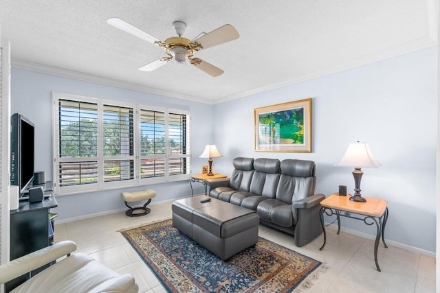 living room with ornamental molding, a textured ceiling, light tile patterned floors, and ceiling fan